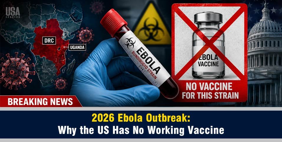 Breaking news graphic for the 2026 Ebola outbreak showing a map of DRC and Uganda, a blood vial labeled Bundibugyo strain, and a crossed-out vaccine bottle representing the US medical stockpile gap.