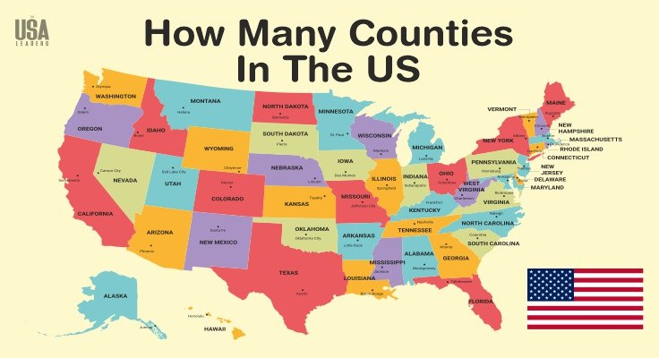 A colorful United States map showing state boundaries and major capitals, titled How Many Counties In The US.