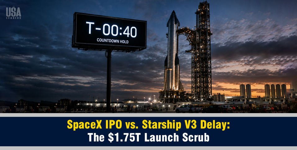 Grounded SpaceX Starship V3 rocket on Texas launchpad with frozen countdown clock
