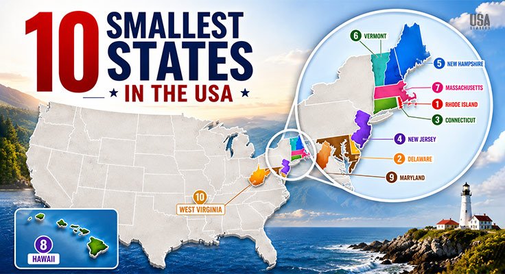 Top 10 smallest states in the US highlighted on a USA map infographic showing Rhode Island, Delaware, Connecticut, and other smallest states ranked by area.
