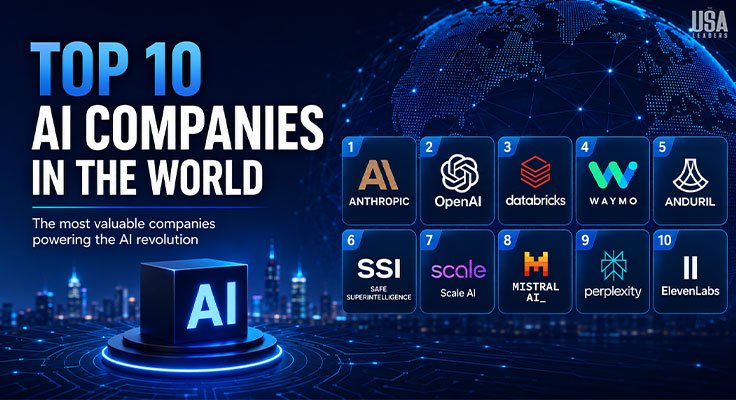 Top 10 AI companies in the world in 2026 featuring Anthropic, OpenAI, Databricks, Waymo, Anduril, Scale AI, Mistral, Perplexity, SSI, and ElevenLabs.
