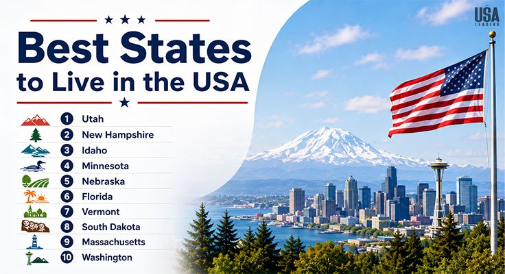 Infographic showing the best states to live in the USA in 2026 with rankings, state maps, and quality of life highlights