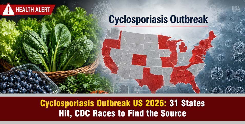 Fresh produce with a U.S. outbreak map illustrating the 2026 Cyclosporiasis outbreak affecting multiple states.