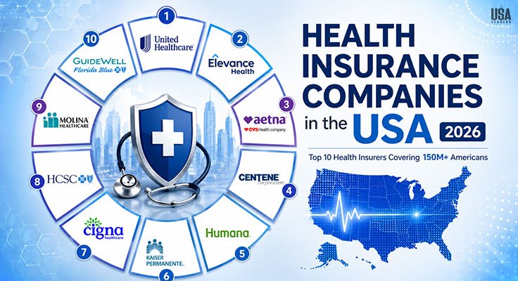 Top 10 health insurance companies in the USA 2026 infographic featuring UnitedHealthcare, Elevance Health, Aetna, Centene, Humana, Kaiser Permanente, Cigna, HCSC, Molina Healthcare, and GuideWell.