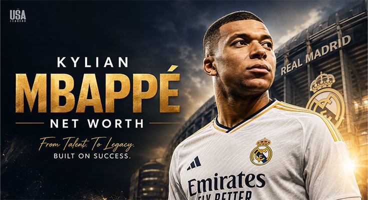 Kylian Mbappé in a Real Madrid jersey representing his net worth, football career, and success in 2026.