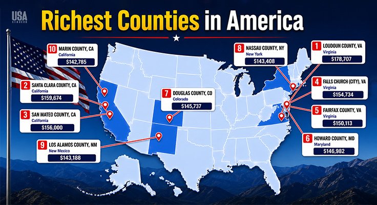 Top 10 richest counties in America by median household income, featuring a U.S. map with highlighted counties and a ranking table for 2026.