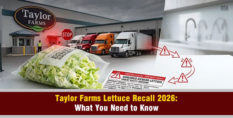 Shredded iceberg lettuce in a bag next to a recall notice for the Taylor Farms lettuce outbreak in 2026.