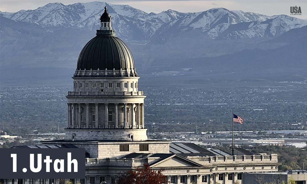 Utah State Capitol in Salt Lake City with the Wasatch Mountains, representing Utah as the best state to live in the USA in 2026.